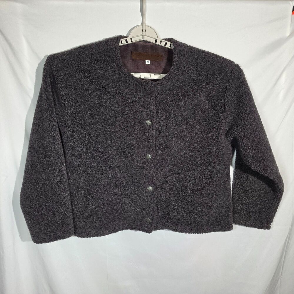 Dakini Charcoal Sherpa Fleece Snap Front Cardigan Jacket Made in USA M